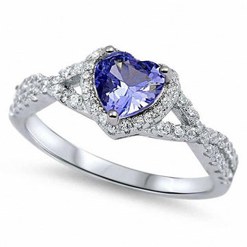 Halo Infinity Shank Heart Ring Round Simulated Tanzanite CZ 925 Sterling Silver